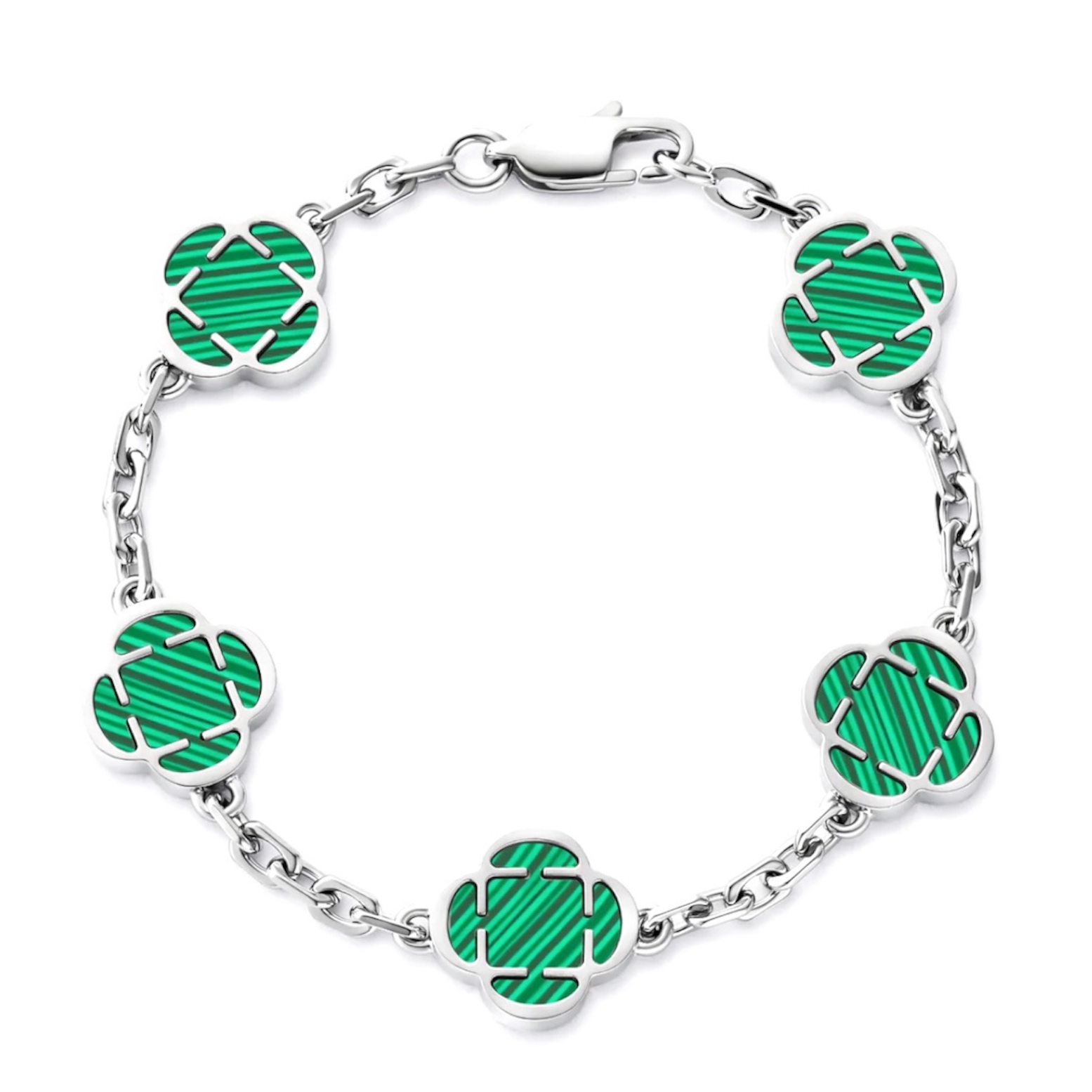 Malachite Clover Stone Bracelet (Silver)